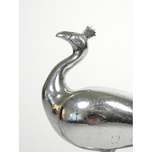 139 - A vintage chrome car mascot, in the form of a peacock, signed T.C., 15 x 13cm