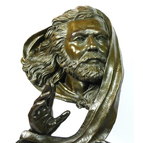 141 - Rubin, a cast bronze bearded male bust, with outsweep hands, marble base, signed, 34cm.