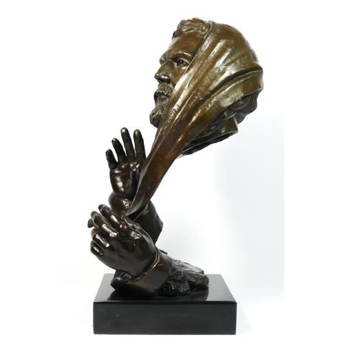 141 - Rubin, a cast bronze bearded male bust, with outsweep hands, marble base, signed, 34cm.