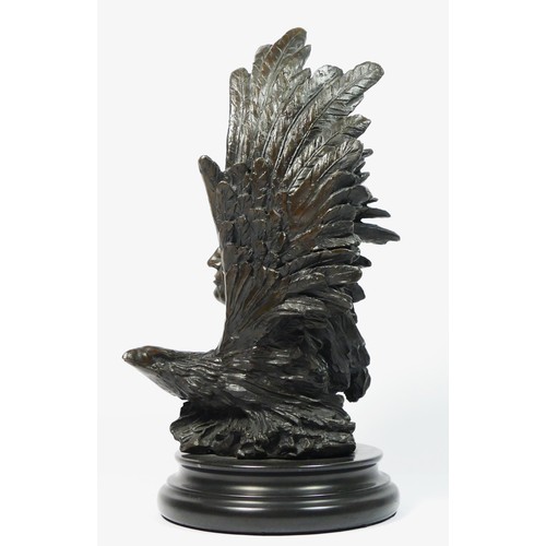 142 - Unsigned, a 20th century cast bronze of a Native American chief with eagle, 33cm.