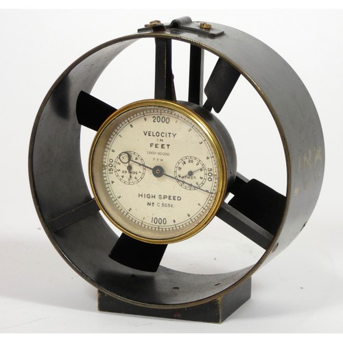 162 - A Short & Mason, London, Anemometer velocity / wind meter (No. C5634) metal circular frame, four bla... 