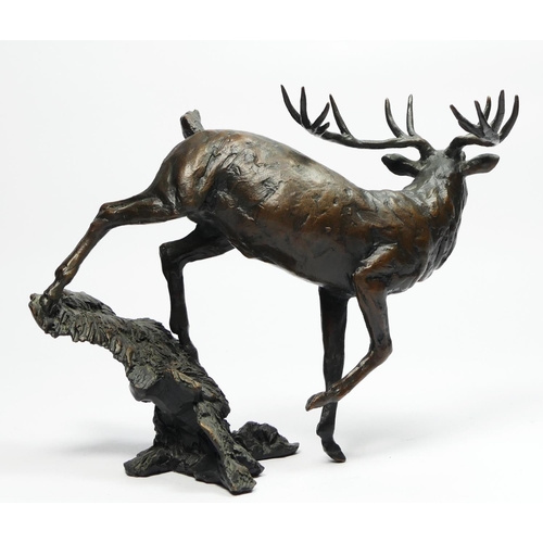 145 - A limited edition bronze study of a leaping Highland stag , applied makers mark M?, 45/100, 14cm