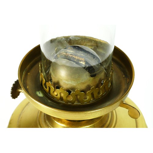 163 - A brass column oil lamp, with frosted etched glass shade with chimney, 54cm tall