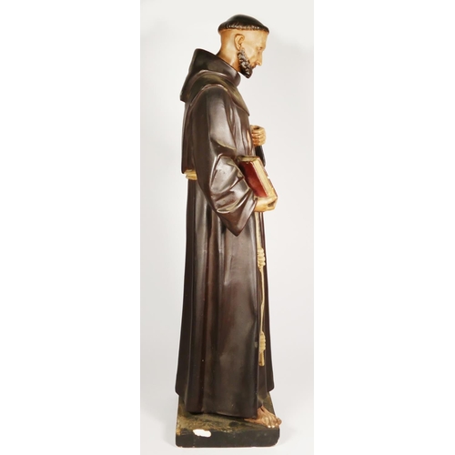 173 - An early 20th century painted plaster statue of a stigmata monk, 81cm