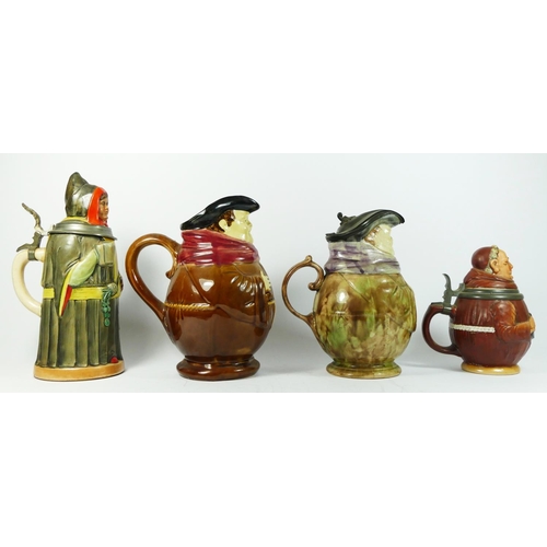 176 - Olfaire, Portugal, a majolica pottery Toby monk jug, another similar, a German pottery monk tankard ... 