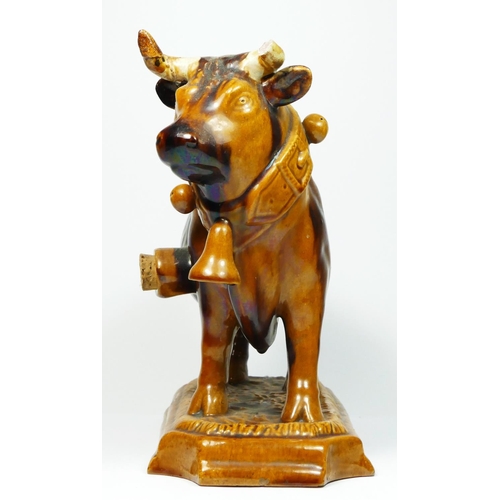 181 - A Mafra, Caldas, Portugal treacle glazed pottery novelty decanter, in the form of a bull, impressed ... 