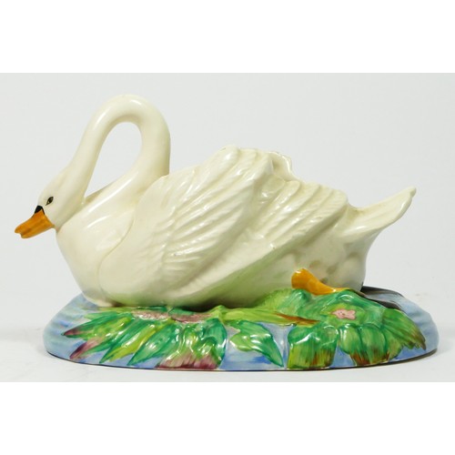 189 - A Clarice Cliff swan posy vase holder, circa 1940, modelled as an open backed swan on floral and wat... 