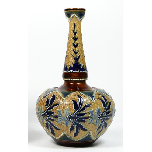 202 - A late 19th century Royal Doulton Lambeth baluster form narrow neck stoneware vase, impressed marks ... 