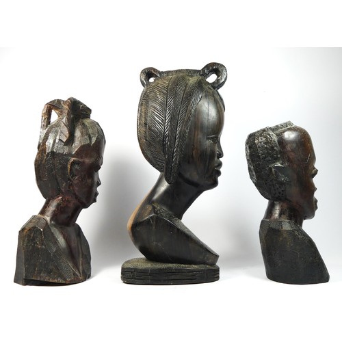 210 - A West African carved hardwood bust of a lady, 38cm and two smaller examples, 31 and 27cm (3).