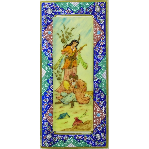 215 - A 20th century Indian Mughal hand painted panel painting depicting a man pouring away a flask of win... 