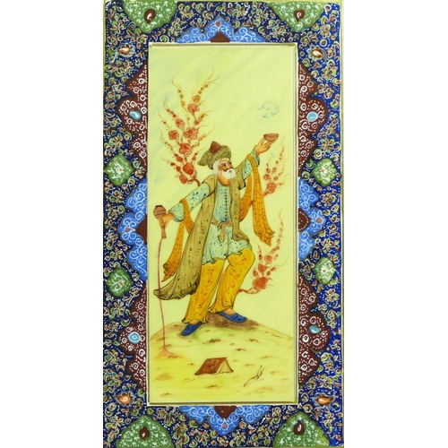 215 - A 20th century Indian Mughal hand painted panel painting depicting a man pouring away a flask of win... 