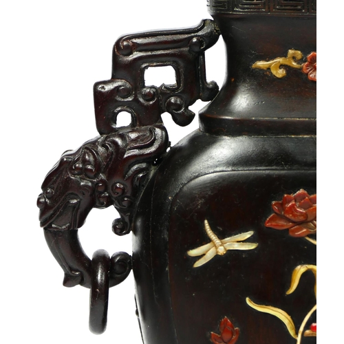 226 - A Chinese hardwood baluster vase, probably Republican period, one side with mother of pearl and hard... 