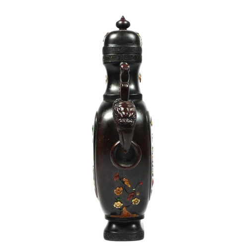 226 - A Chinese hardwood baluster vase, probably Republican period, one side with mother of pearl and hard... 