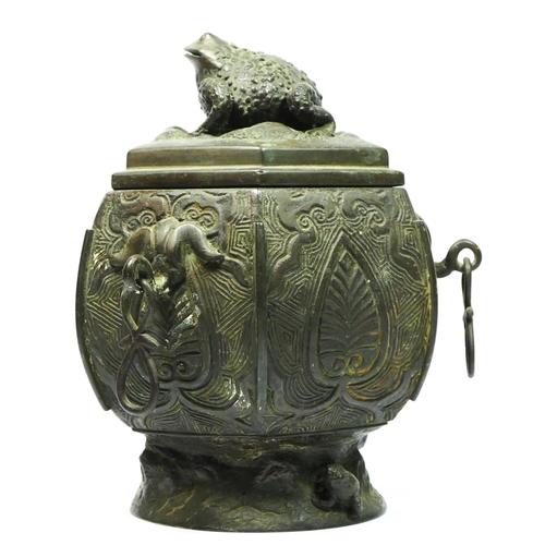 249 - A Chinese bronze octagonal baluster storage jar, with frog finial, 18cm.