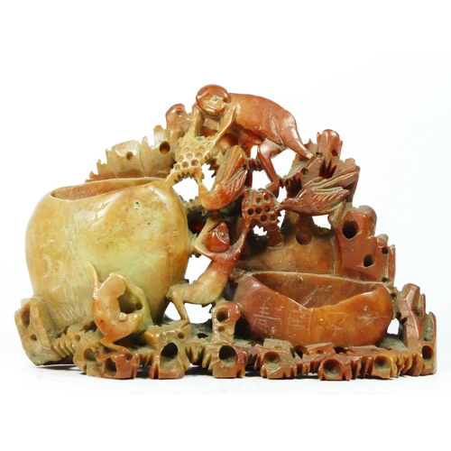 253 - A Chinese carved soapstone group with monkeys and birds, signed, 23 x 16cm, another smaller group 24... 