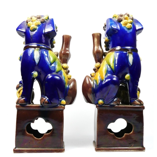 255 - A Chinese Sancai glazed pair of Dog of Fo figures, 25cm a turquoise glazed pair, 31.5cm and a pair o... 