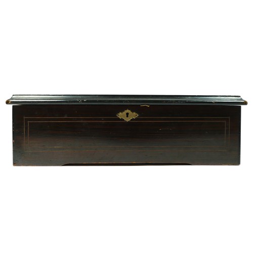 265 - A 19th century Swiss rosewood and boxwood inlaid 6 air music box, 57 tooth comb (3 missing), 43 x 19... 