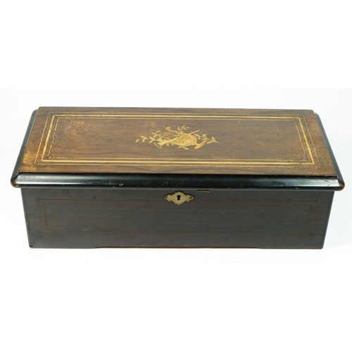 265 - A 19th century Swiss rosewood and boxwood inlaid 6 air music box, 57 tooth comb (3 missing), 43 x 19... 