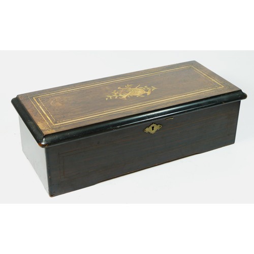 265 - A 19th century Swiss rosewood and boxwood inlaid 6 air music box, 57 tooth comb (3 missing), 43 x 19... 