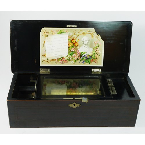 265 - A 19th century Swiss rosewood and boxwood inlaid 6 air music box, 57 tooth comb (3 missing), 43 x 19... 