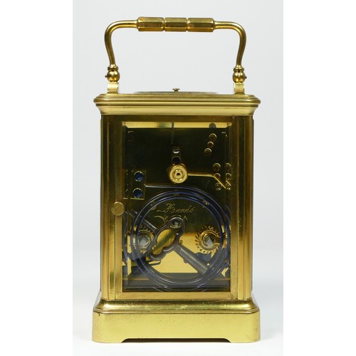 268 - A French brass striking and repeating carriage clock, white enamel dial with Roman numerals, the Par... 