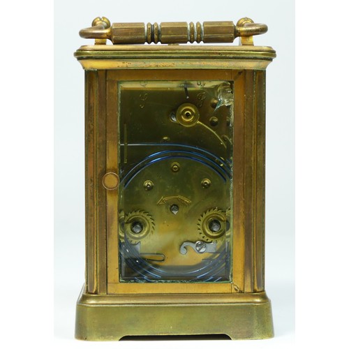 269 - A brass repeating and striking carriage clock, white enamel dial with Roman numerals, the numbered m... 