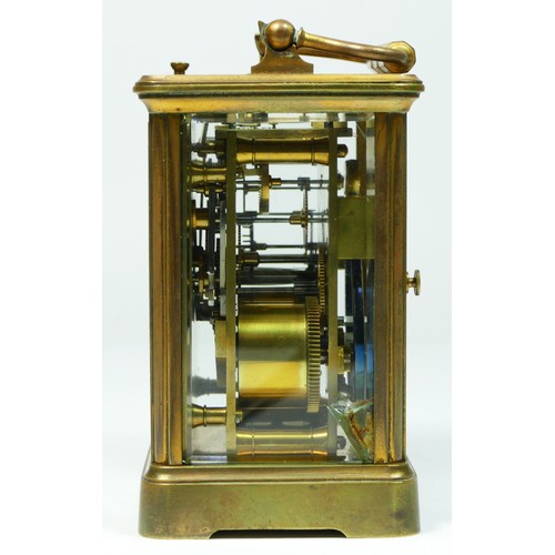 269 - A brass repeating and striking carriage clock, white enamel dial with Roman numerals, the numbered m... 