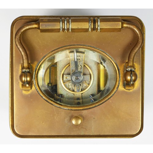 269 - A brass repeating and striking carriage clock, white enamel dial with Roman numerals, the numbered m... 