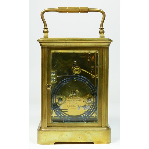 270 - E. Maurice & Co., a late 19th century French brass striking carriage clock, white enamel dial with R... 