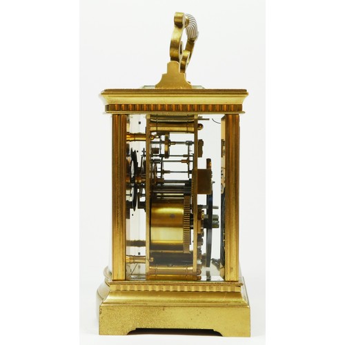 275 - A late 19th century French brass carriage clock, with bombe front panel, the unsigned movement strik... 