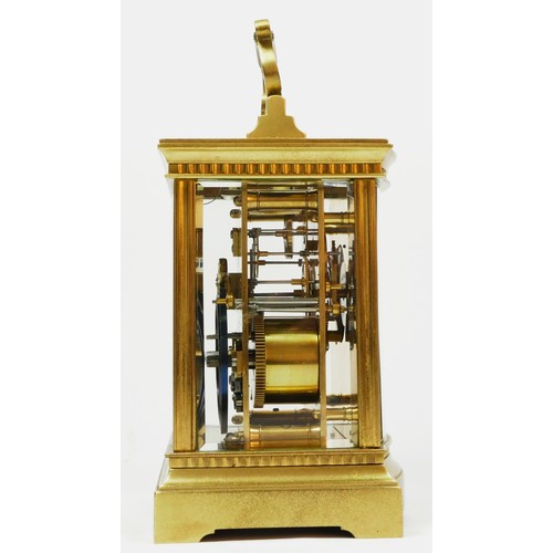 275 - A late 19th century French brass carriage clock, with bombe front panel, the unsigned movement strik... 