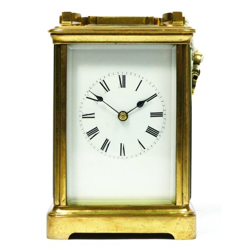 278 - An early 20th century English brass striking carriage clock, white enamel dial, ABEC lever platform,... 