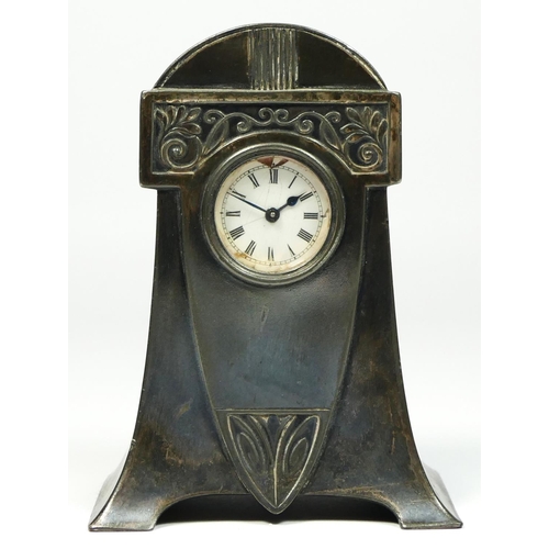 282 - A WMF Jugendstil pewter 30 hour miniature mantel clock, stamped WMF, B, I/O, OX, circa 1905, movemen... 