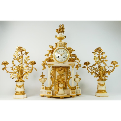 284 - Planchon, Paris, an impressive French late 19th century gilt brass and white marble clock garniture,... 