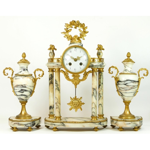 285 - S.H., Paris, a late 19th century French gilt metal and variegated marble clock garniture, the moveme... 