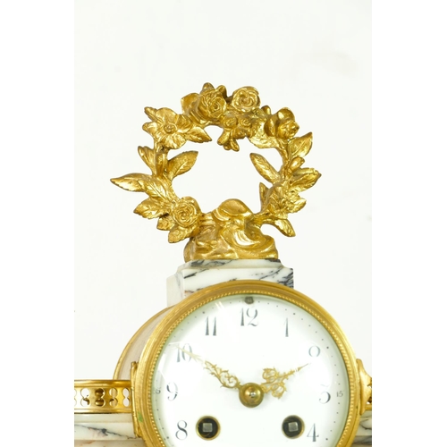 285 - S.H., Paris, a late 19th century French gilt metal and variegated marble clock garniture, the moveme... 