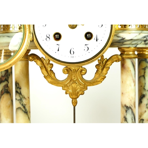 285 - S.H., Paris, a late 19th century French gilt metal and variegated marble clock garniture, the moveme... 