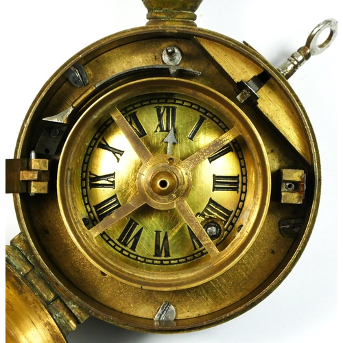 288 - A 19th century brass nightwatchman's portable clock, with brass dial, case numbered 78189, 8cm, leat... 