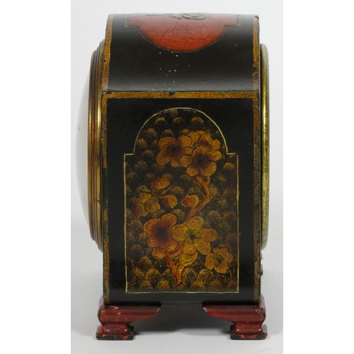 289 - An early 20th century Chinoiserie mantel clock, the arched case with pagoda and floral decoration, F... 