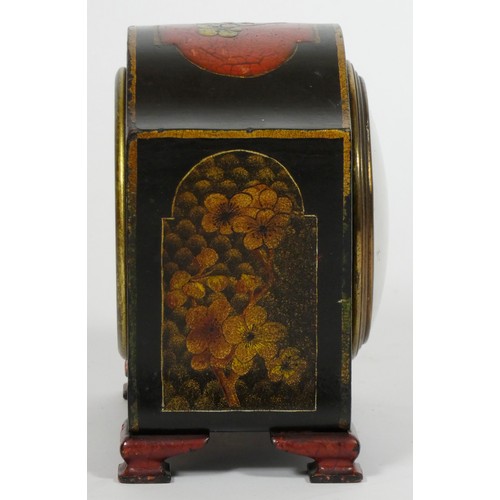 289 - An early 20th century Chinoiserie mantel clock, the arched case with pagoda and floral decoration, F... 