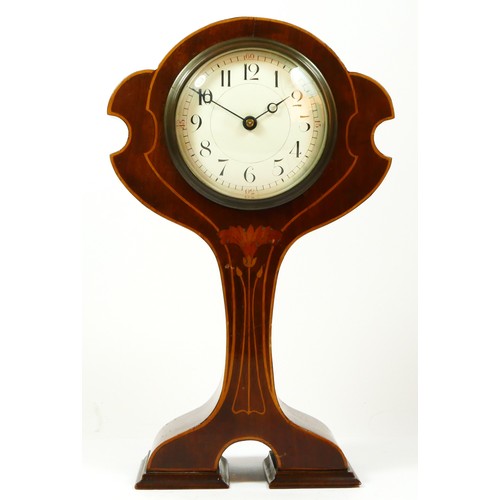 294 - An Art Nouveau mahogany and boxwood inlaid balloon mantel clock, white enamel dial, French movement,... 