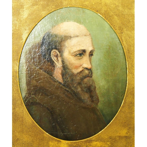 311 - 19th century Italian School, bearded monk portrait, oval giltwood framed within a velvet border, cut... 