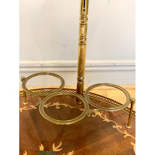 361 - An Italian two tier mahogany drinks trolley with inlaid floral marquetry decoration, pierced brass b... 