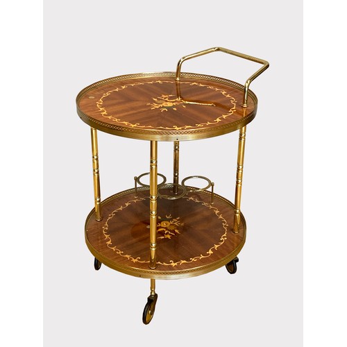 361 - An Italian two tier mahogany drinks trolley with inlaid floral marquetry decoration, pierced brass b... 