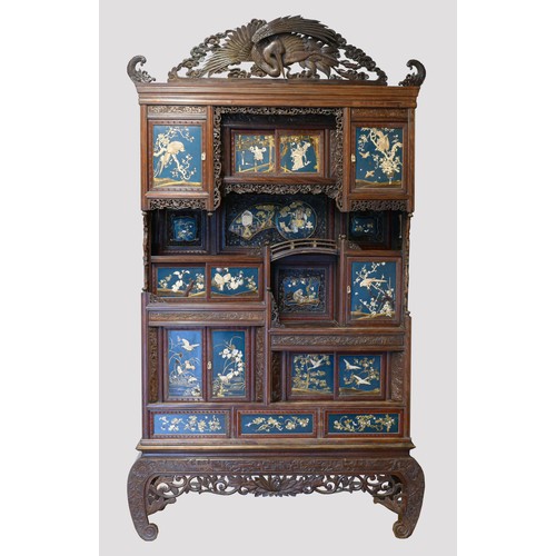 377 - Late 19th century Japanese Meiji period Shibayama display cabinet, the moulded cornice with carved a... 