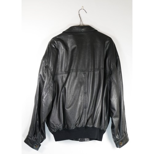 112 - A 'Burberrys' black leather bomber style jacket with zip front and side pockets and button detailing... 