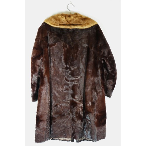 115 - Dark brown fully lined fur coat with lighter coloured fur collar, chest 34