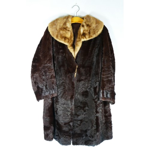 115 - Dark brown fully lined fur coat with lighter coloured fur collar, chest 34