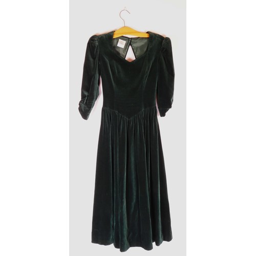 117 - 'Shubette' long white duster coat, cotton, size 12, a green velvet 1980's, Laura Ashley maxi dress, ... 