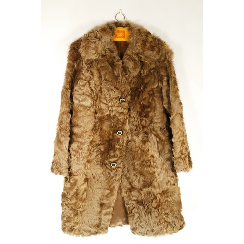 120 - Light brown button and clip fastening fur coat, 43cm chest x 96cm length.